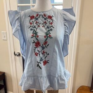 Zara Basics cotton Embroidered Blue Ruffle Sleeve Top.  Size S
